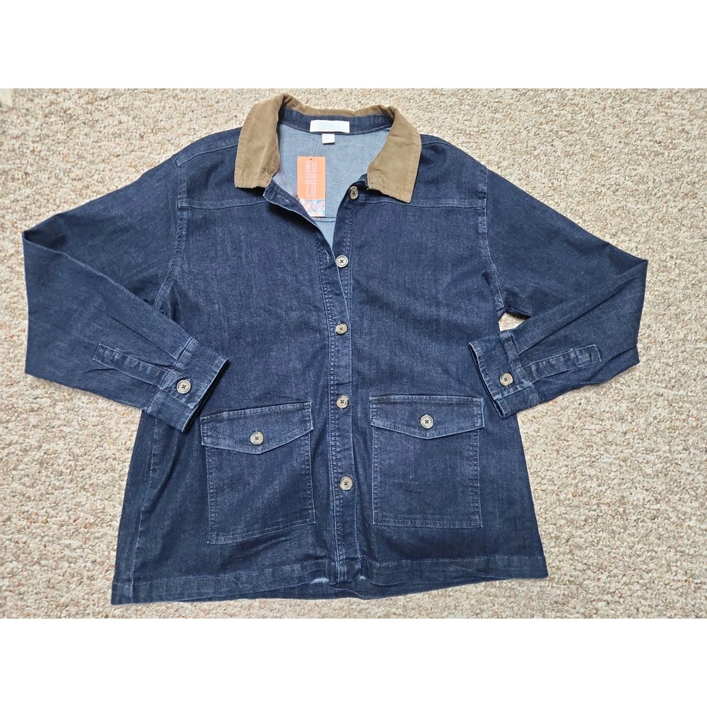 Bunulu Denim Chore Jacket Dark Wash Buttons Corduroy Collar Large NWT